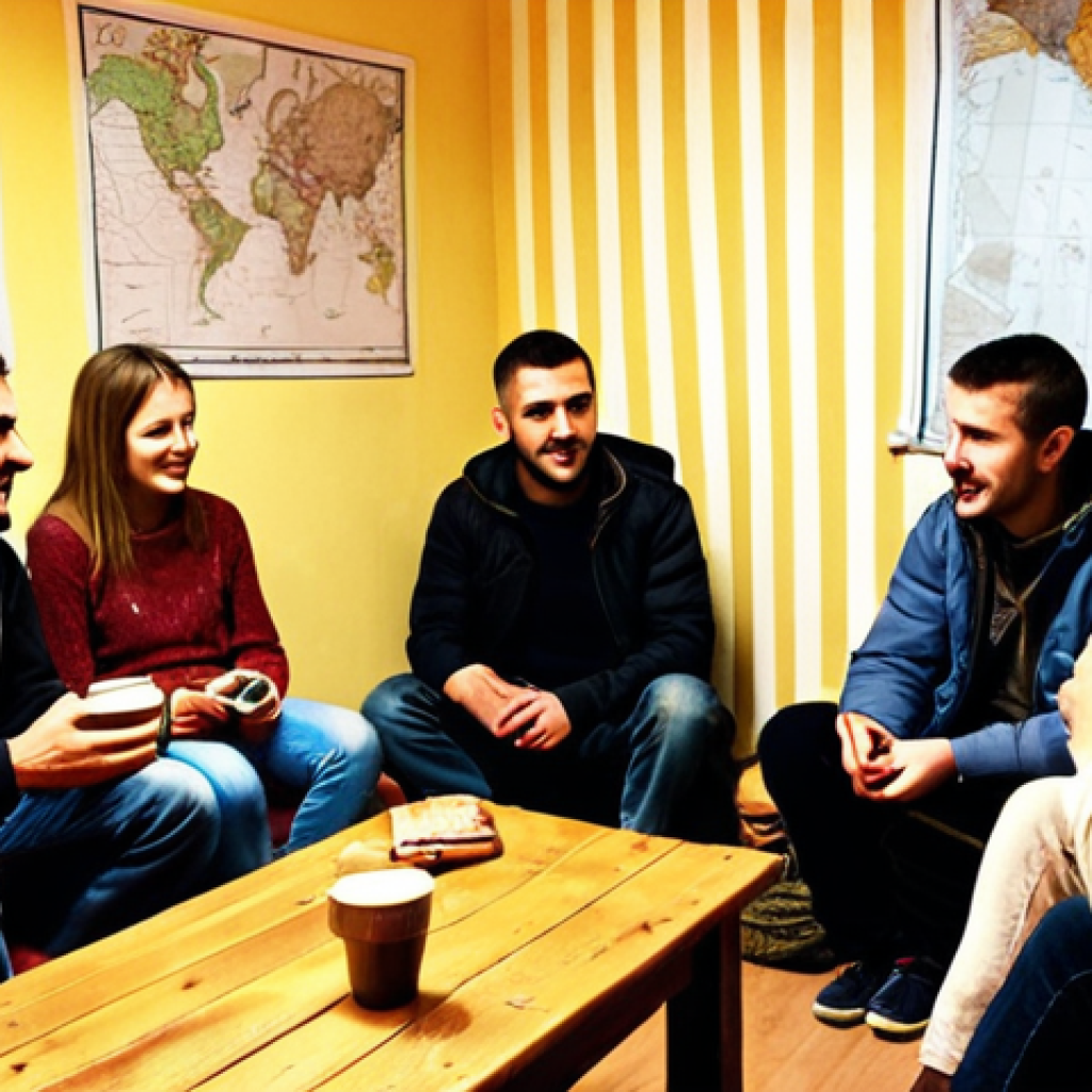 **Sarajevo Hostel Scene:** A cozy, warmly lit common room in a hostel in Baščaršija, Sarajevo. Backpackers from different countries are gathered around a low table, drinking Turkish coffee and chatting. In the background, you can see a map of Sarajevo and a whiteboard with information about a free walking tour. The overall atmosphere is welcoming and social, like a "second home." Think warm tones and a slightly vintage feel.