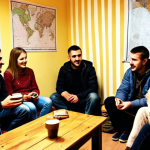 **Sarajevo Hostel Scene:** A cozy, warmly lit common room in a hostel in Baščaršija, Sarajevo. Backpackers from different countries are gathered around a low table, drinking Turkish coffee and chatting. In the background, you can see a map of Sarajevo and a whiteboard with information about a free walking tour. The overall atmosphere is welcoming and social, like a "second home." Think warm tones and a slightly vintage feel.