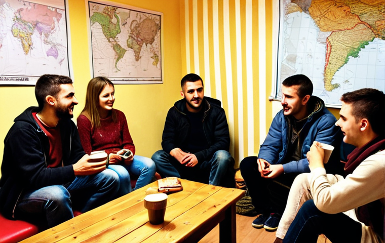 **Sarajevo Hostel Scene:** A cozy, warmly lit common room in a hostel in Baščaršija, Sarajevo. Backpackers from different countries are gathered around a low table, drinking Turkish coffee and chatting. In the background, you can see a map of Sarajevo and a whiteboard with information about a free walking tour. The overall atmosphere is welcoming and social, like a "second home." Think warm tones and a slightly vintage feel.